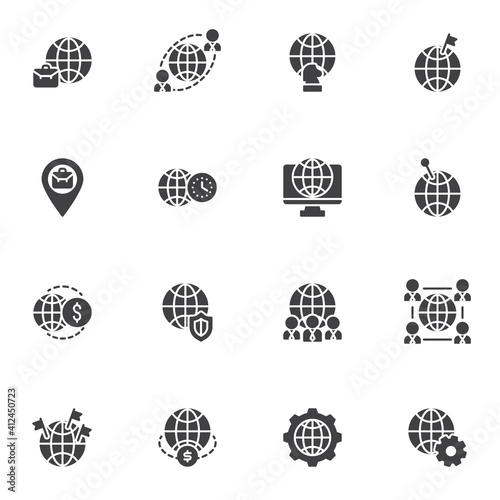 International Business vector icons set, modern solid symbol collection, filled style pictogram pack. Signs logo illustration. Set includes icons - world business, currency money transfer, outsourcing
