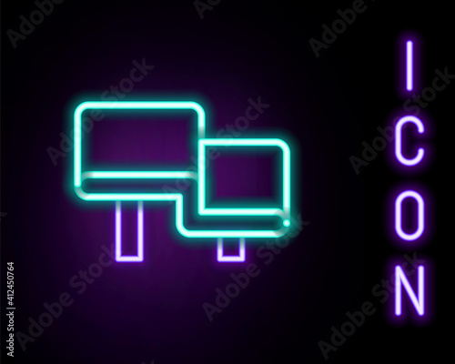 Glowing neon line Sauna wood bench icon isolated on black background. Colorful outline concept. Vector.