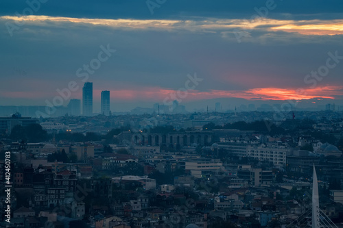 Evening panoramic view of Istanbul under the blue and red autumn sky