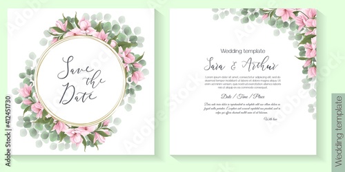 Vector floral template for a postcard. Gold round frame, eucalyptus, magnolia flowers, green leaves, pink flowers.