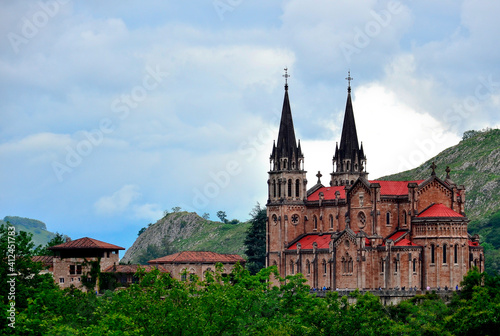Cangas de Onis, Spain. The Royal Basilica and Shrine of Our Lady of Covadonga, a famous pilgrimage site in Asturias 