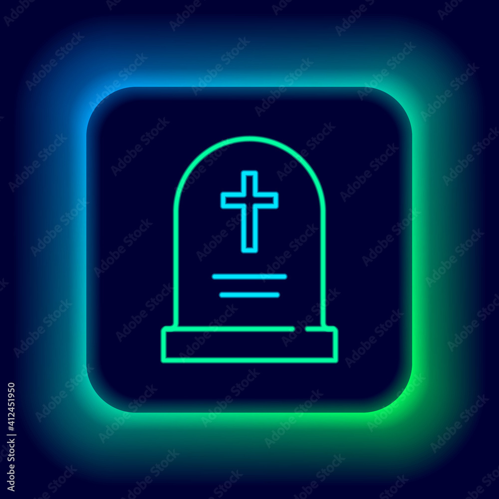 Glowing neon line Tombstone with cross icon isolated on black background. Grave icon. Happy Halloween party. Colorful outline concept. Vector. Glowing neon line Tombstone with cross icon isolated on black background. Grave icon. Happy Halloween party. Colorful outline concept. Vector.