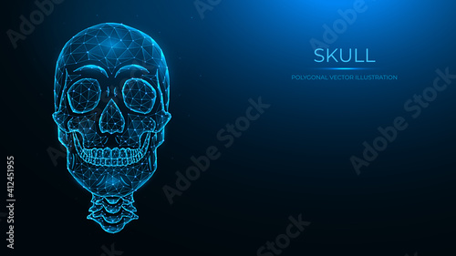 Polygonal vector illustration of a human skull, front view. Low poly anatomical model of the skull and cervical spine on dark blue background.