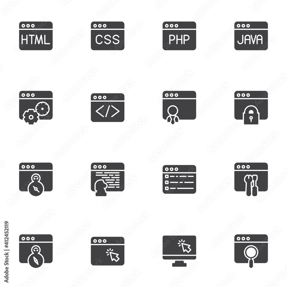 Web development vector icons set, modern solid symbol collection, filled style pictogram pack. Signs, logo illustration. Set includes icons as developer, coding content, website hosting, HTML code