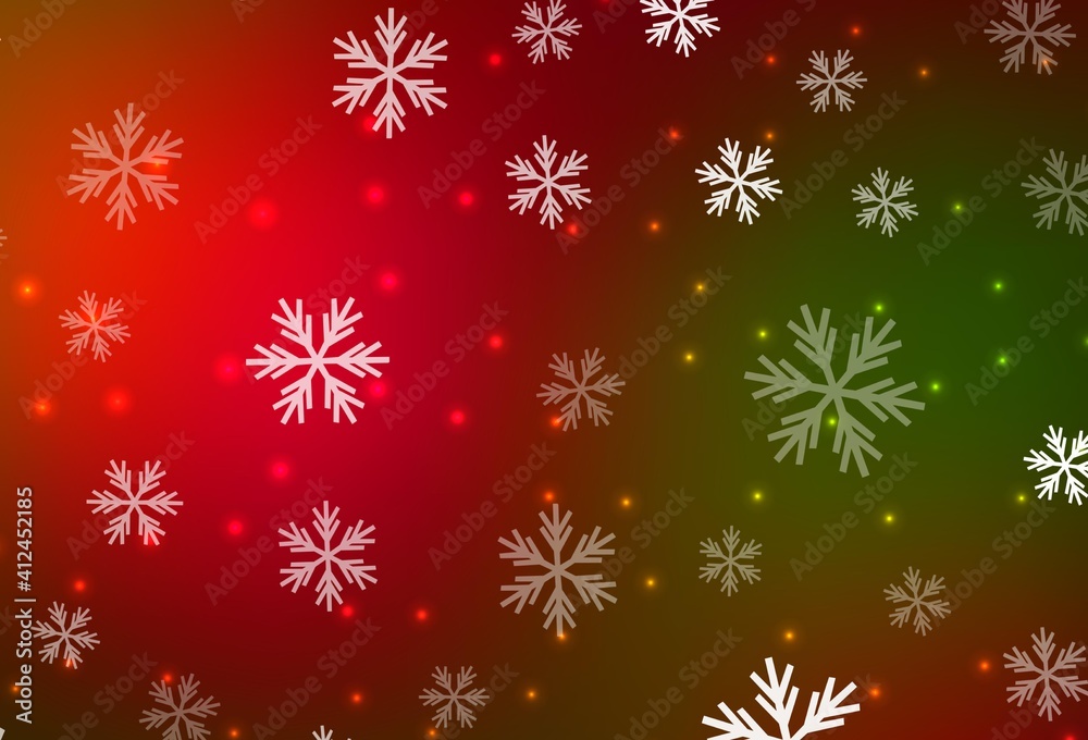 Dark Green, Red vector background with xmas snowflakes, stars.