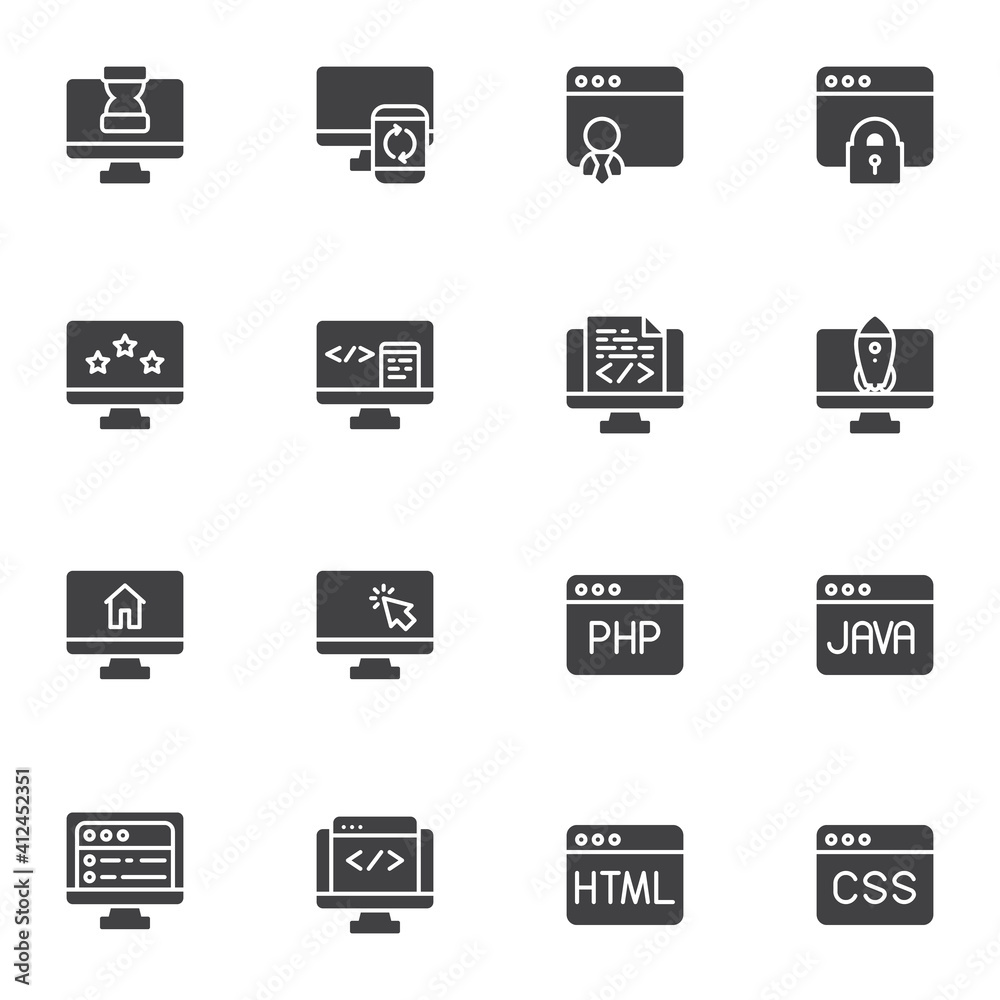 Website and Browser vector icons set, modern solid symbol collection, filled style pictogram pack. Signs, logo illustration. Set includes icons as homepage, web page, java code, html programing, CSS Website and Browser vector icons set, modern solid symbol collection, filled style pictogram pack. Signs, logo illustration. Set includes icons as homepage, web page, java code, html programing, CSS