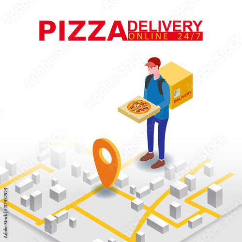 Pizza Delivery Service Isometric concept. Courier with pizza box, map city. Fast 24 7 shipping, online food order template banner