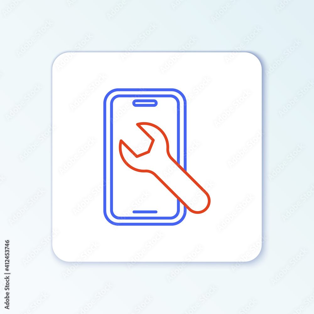 Line Mobile phone with wrench icon isolated on white background. Adjusting, service, setting, maintenance, repair. Colorful outline concept. Vector. Line Mobile phone with wrench icon isolated on white background. Adjusting, service, setting, maintenance, repair. Colorful outline concept. Vector.
