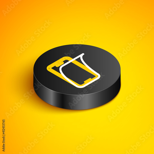 Isometric line Glass screen protector for smartphone icon isolated on yellow background. Protective film for glass. Transparent soft glass for mobile phone. Black circle button. Vector.