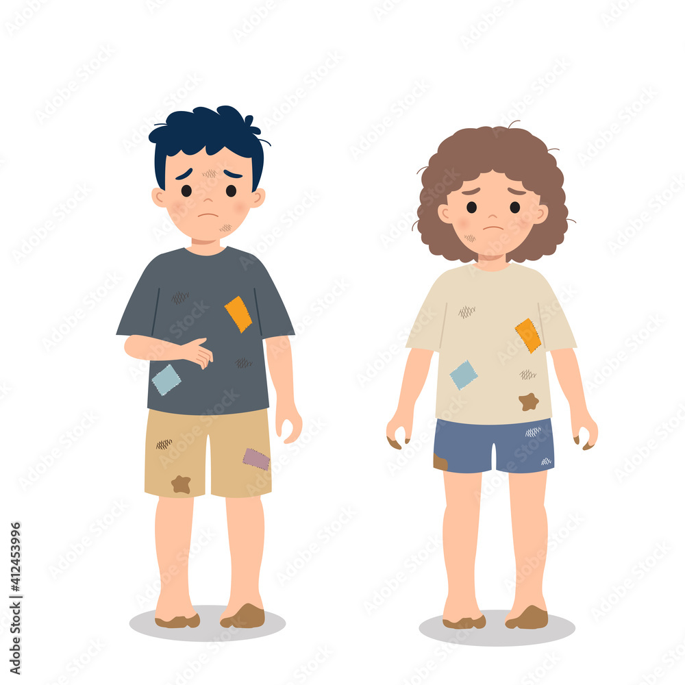 Dirty and poor hungry children. Charity awareness concept clip art. Flat vector cartoon style.