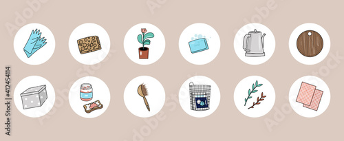 A cute vector icons highlights social network about home life and cleaning. Nice vector flat illustration in cartoon style with household items, clothes and hearts on a beige background. 