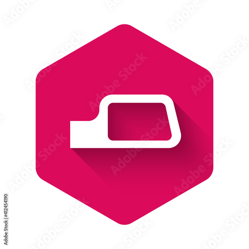 White Car mirror icon isolated with long shadow background. Pink hexagon button. Vector.