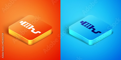 Isometric Car muffler icon isolated on orange and blue background. Exhaust pipe. Vector.