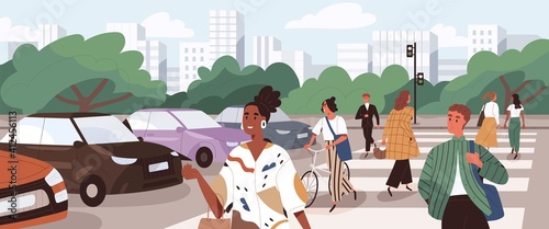 Crowd of people crossing road at crosswalk. Pedestrians and cyclists walking the street on zebra at green traffic light signal. Flat cartoon vector illustration of panoramic city view with citizens