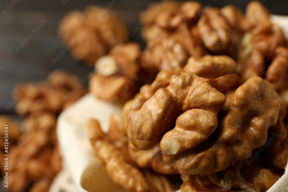 Tasty walnuts, selective focus, close up and space for text Tasty walnuts, selective focus, close up and space for text