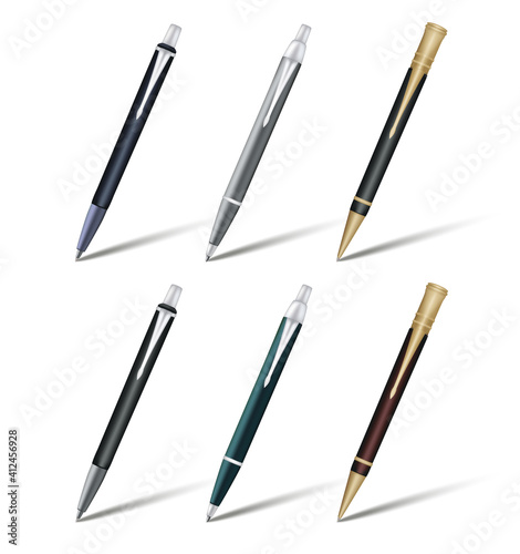 Black ballpoint pen set with a cap. Vector illustration isolated on white background.