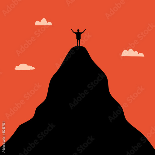 Life goal concept vector illustration. A man standing on the top of high mountain in flat design. Symbol of success, goal, achievement in life.	