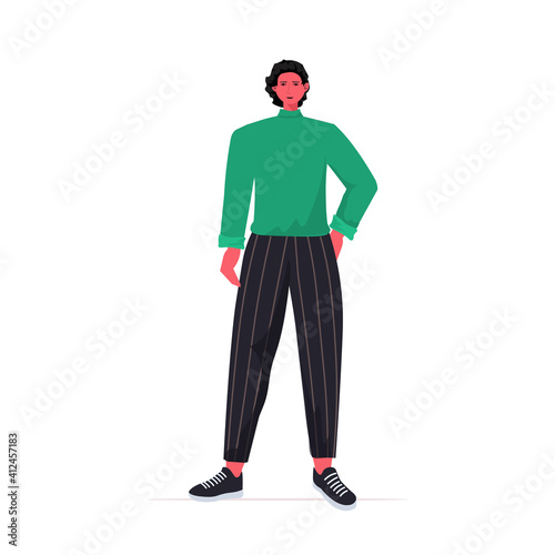 young man in casual trendy clothes male cartoon character standing pose full length vector illustration