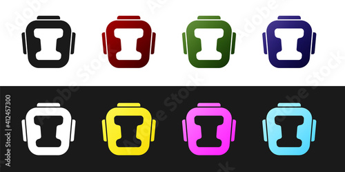 Set Boxing helmet icon isolated on black and white background. Vector.