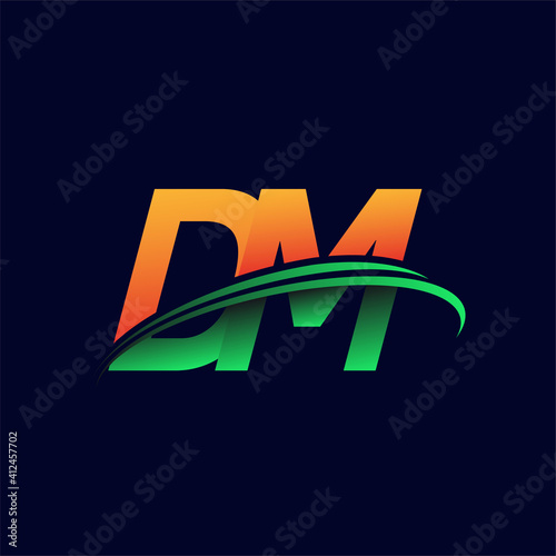 initial logo DM company name colored orange and green swoosh design, isolated on dark background. vector logo for business and company identity.