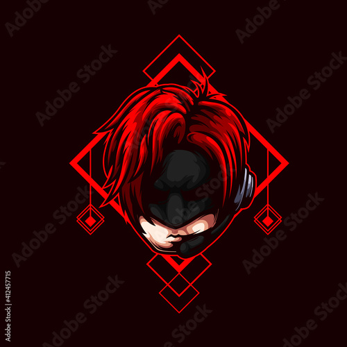 logo esport head men black mask red hair with red ornament. logo vector men black mask red hair with red for gaming. theme red color costume character. illustration for clothes, t-shirt, logo esport.