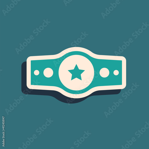 Green Boxing belt icon isolated on green background. Belt boxing sport championship winner fight award. Long shadow style. Vector.
