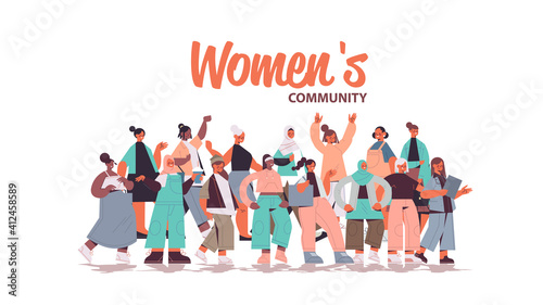 mix race girls standing together female empowerment movement women's community union of feminists concept horizontal full length vector illustration