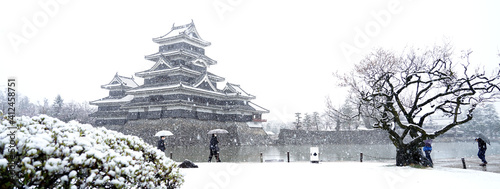 Heavy snow at Matsumoto castle in Matsumoto city of Japan. photo