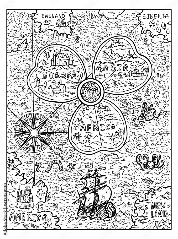 Black and white marine illustration of old map of the world with wind rose and sailboat or ship. Vector nautical drawings, adventure concept, coloring book page