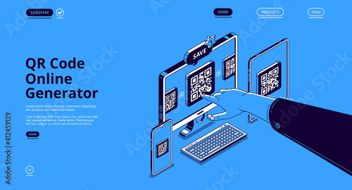 QR code online generator. Mobile app, digital service for generate qrcode for electronic payments, identification and display information. Vector landing page with isometric devices and pointing hand