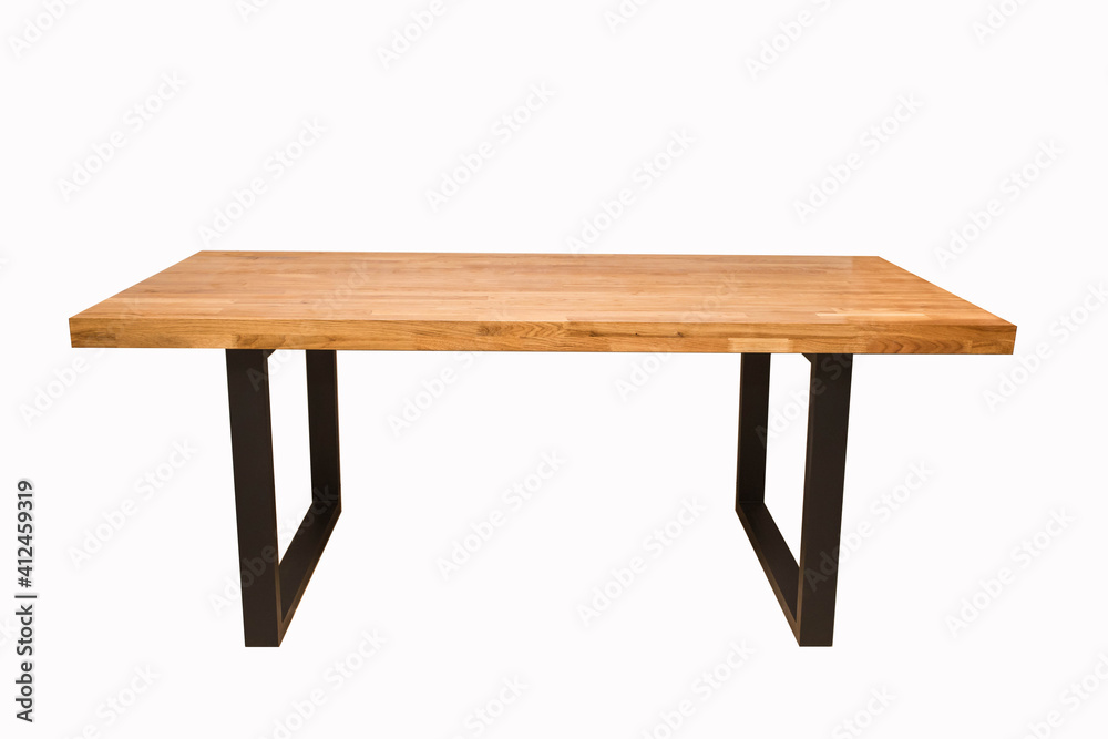 wooden lacquered table with black metal legs on white background 