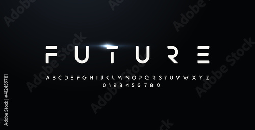 Future style font, bold letters and numbers. Futuristic design type for modern logo. Minimalist vector typography for digital device and hud graphic element. Cropped style alphabet