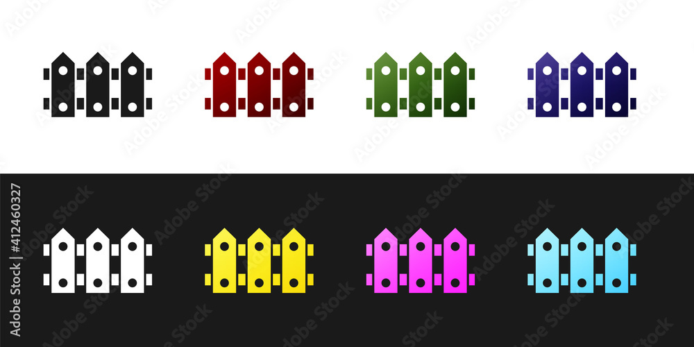 Set Garden fence wooden icon isolated on black and white background. Vector.