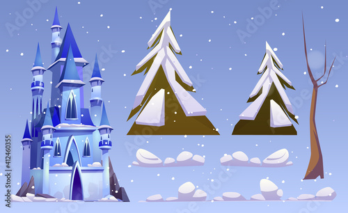 Magic castle and winter landscape elements isolated on blue background. Vector cartoon set of fantasy royal palace with towers on, bare trees, pines with snow and snowdrifts