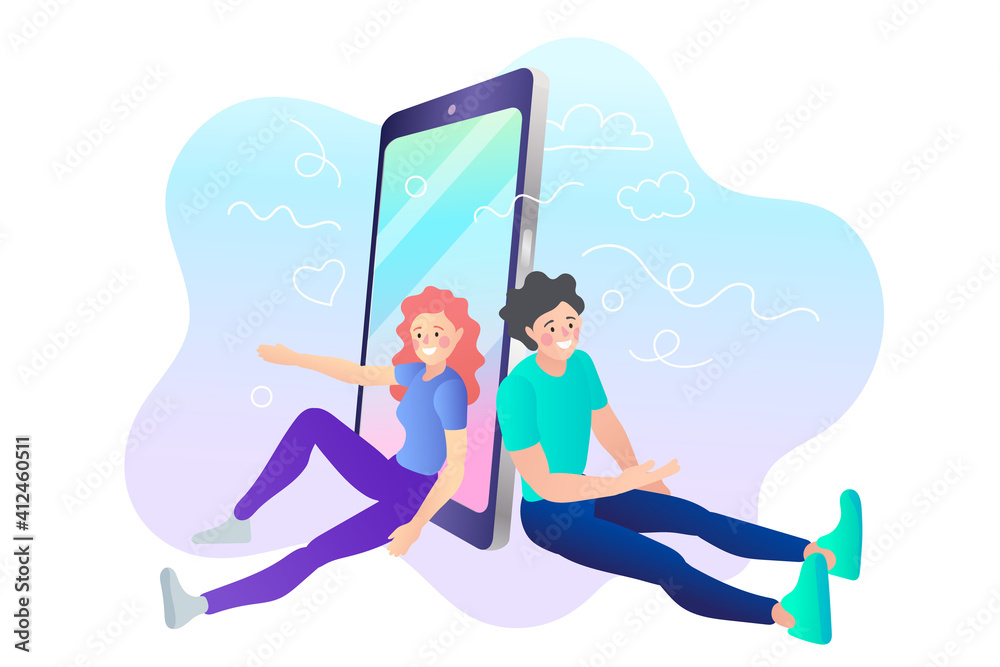 Couple chat on a cell phone. Girl communicates on the phone. Online chat man and woman. Cartoon man and woman. Flat vector design.