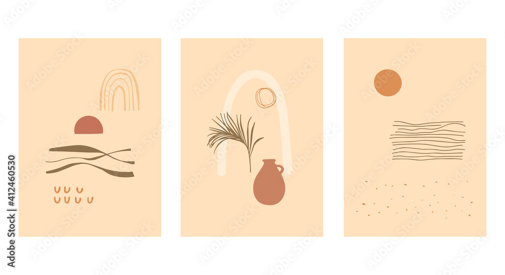 A set of posters with abstract still lifes in pastel colors. Primitive forms on the theme of nature in beige tones. Flat modern vector illustration.