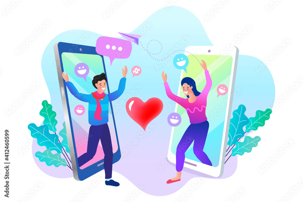 Couple chat on a cell phone. Girl communicates on the phone. Online chat man and woman. Cartoon man and woman. Flat vector design. Couple chat on a cell phone. Girl communicates on the phone. Online chat man and woman. Cartoon man and woman. Flat vector design.