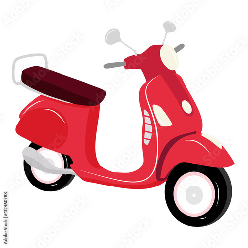 Red vintage scooter on white background isolated, vector illustration, urban life, ride a motorbike in the city. Rent motorbike. Food and box delivery concept. Editable EPS 10.