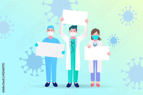 Doctors and medical staff holding poster requesting people avoid Coronavirus and Covid-19 spreading by staying at home. Coronavirus.