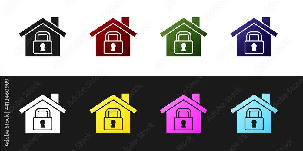 Set House under protection icon isolated on black and white background. Home and lock. Protection, safety, security, protect, defense concept. Vector.