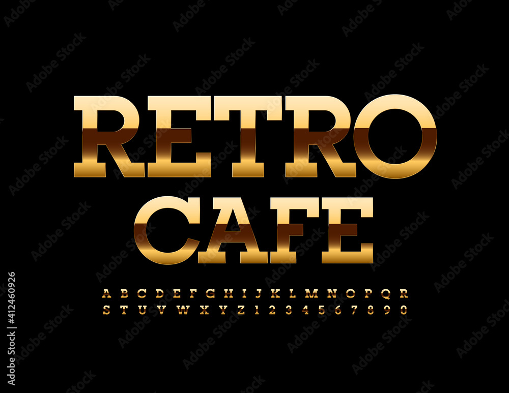 Vector premium sign Retro Cafe. Vintage Gold Font. Elegant set of Alphabet Letters and Numbers set