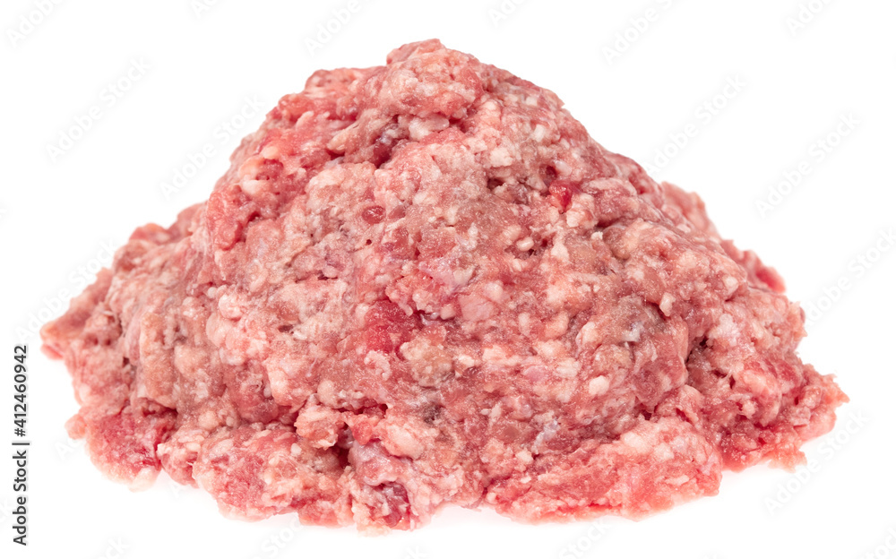 Raw minced meat isolated on white background. Chopped meat background. fresh raw ground pork heap. Top view. Raw minced meat isolated on white background. Chopped meat background. fresh raw ground pork heap. Top view.