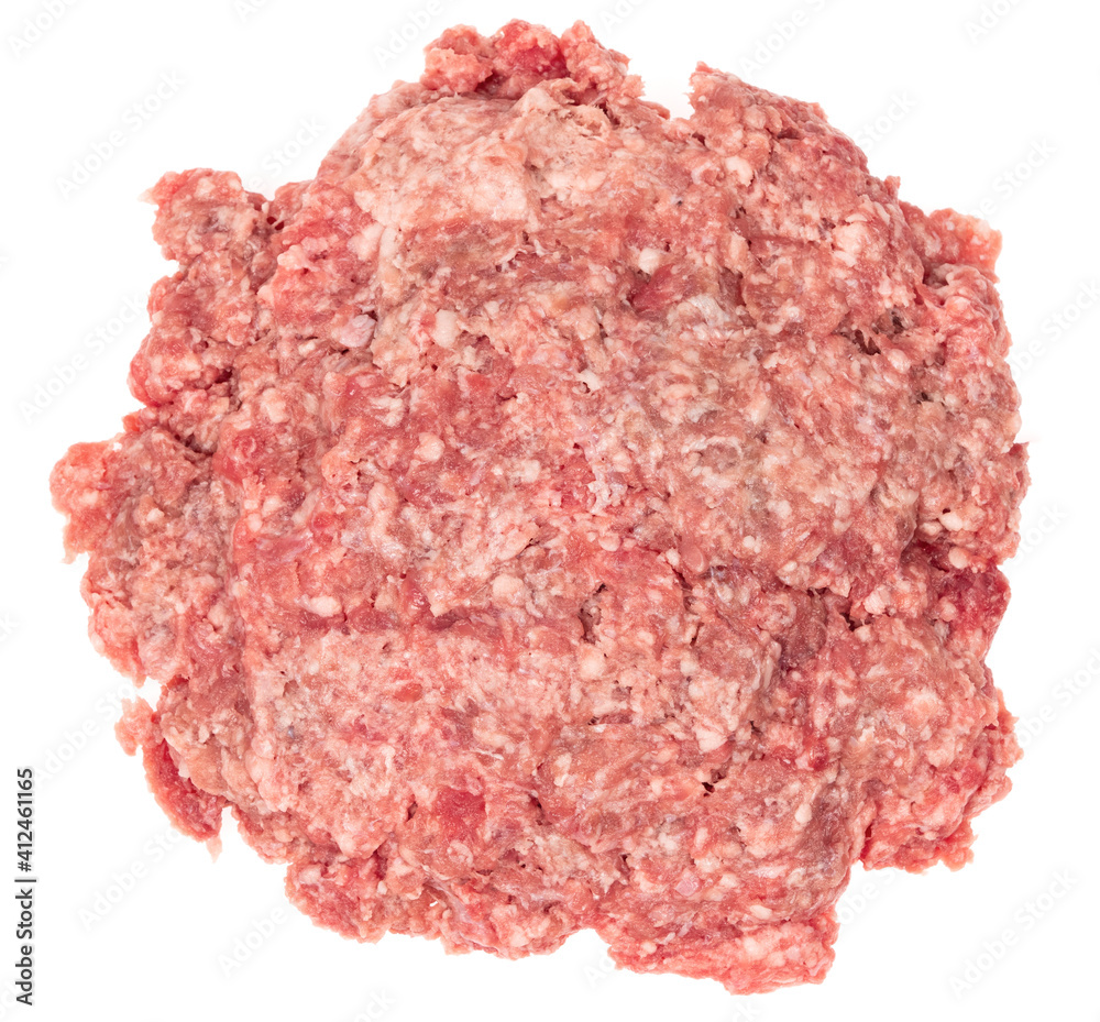 Raw minced meat isolated on white background. Chopped meat background.  fresh raw ground pork heap. Top view.