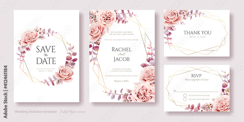 Wedding Invitation, save the date, thank you, rsvp card template. Juliet rose and wax flower with eucalyptus leaves.
