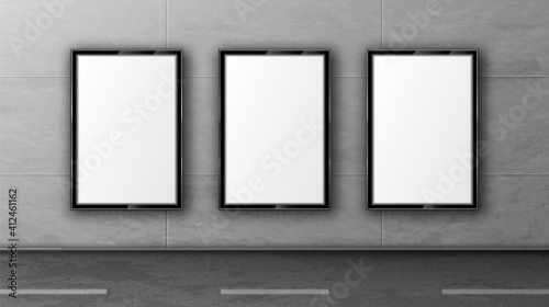Blank street billboards on tiled wall. White posters in black frame for outdoor advertising. Vector realistic mockup of empty display boards on city road. Template of 3d promotion banners