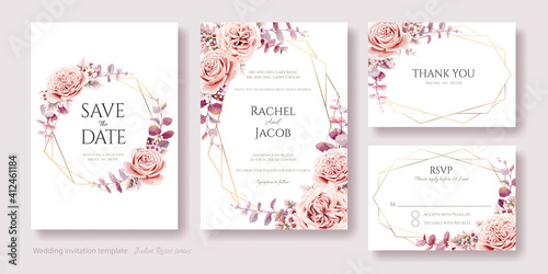 Wedding Invitation  save the date  thank you  rsvp card template. Juliet rose and wax flower with eucalyptus leaves.