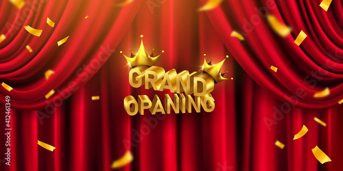 Red curtain background. Grand opening event design. confetti gold ribbons. luxury greeting rich card.