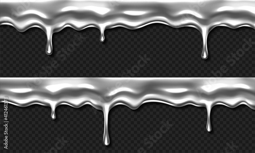 Liquid silver drip, dripping metal, mercury, chrome gray slime or goo border. Falling drops dribble down, sticky melting blob or nail polish isolated on transparent background, Realistic 3d vector set