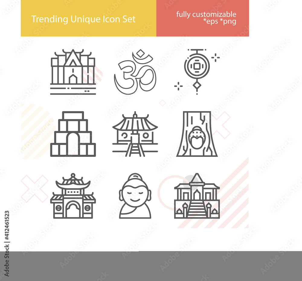 Simple set of buddhist related lineal icons.
