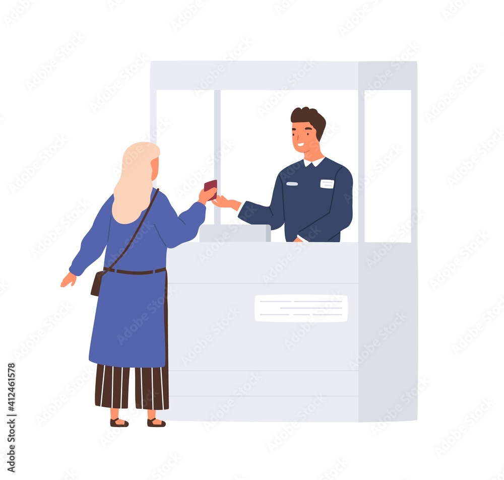 Passenger giving her document to friendly boarder guard while passing airport passport control. Colored flat vector illustration isolated on white background Passenger giving her document to friendly boarder guard while passing airport passport control. Colored flat vector illustration isolated on white background